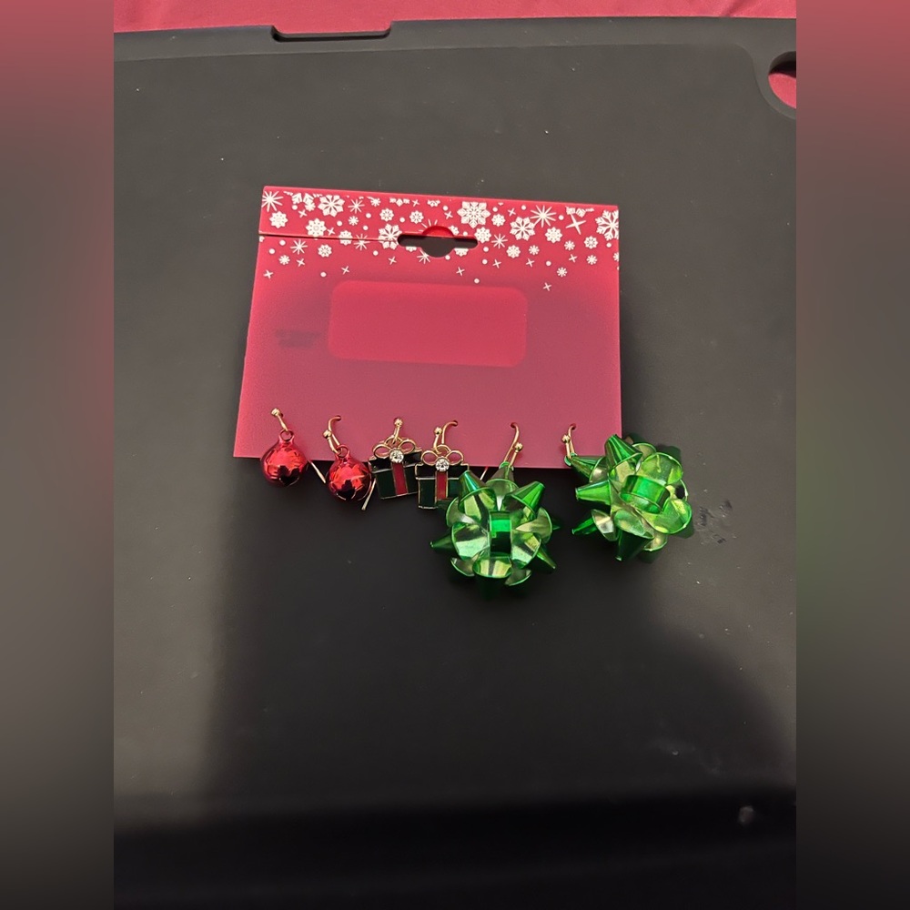 Festive Green Bow & Red Ornament Earring Set